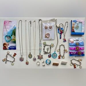 DISNEY FROZEN JEWELRY LOT ELSA ANNA NECKLACE CHARM BRACELET EARRING RING KEY SET